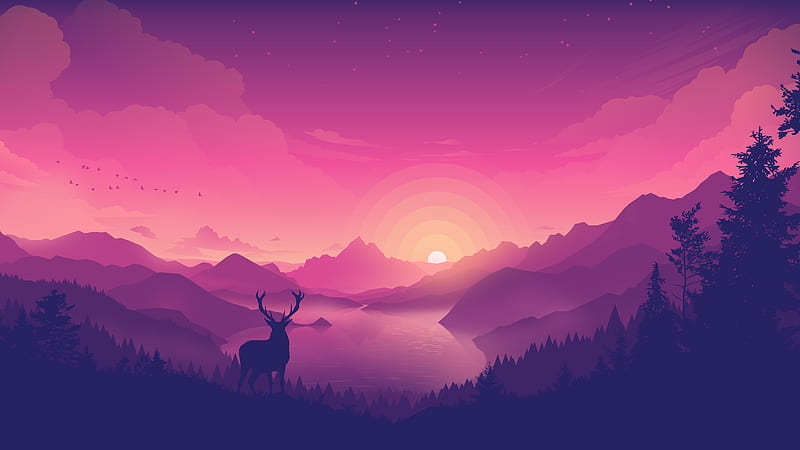 flat landscape, deer, lake, sunlight, dawn, sunset, Landscape, HD wallpaper