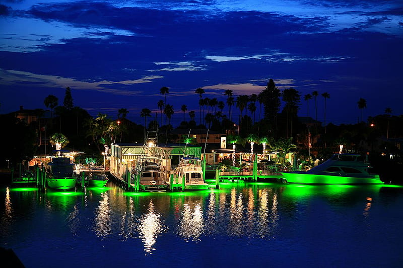 Emerald Bay, boats, green lights, bay, docks, HD wallpaper