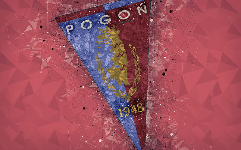 Pogon Szczecin FC geometric art, logo, red abstract background, Polish football club, Ekstraklasa, Szczecin, Poland, football, creative art, HD wallpaper