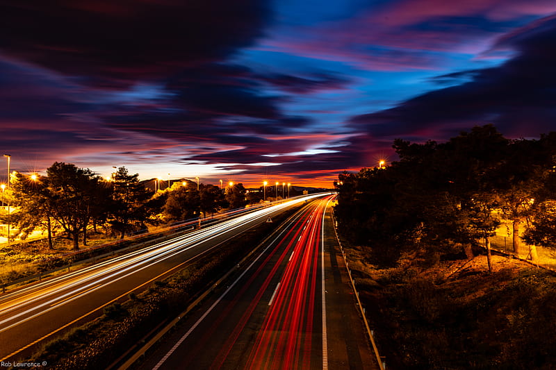 road, light, long exposure, trees, sunset, HD wallpaper