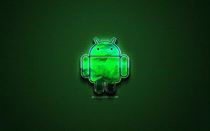 Android green logo, robot logo, creative green art, metal logo, Android, dark green background, HD wallpaper
