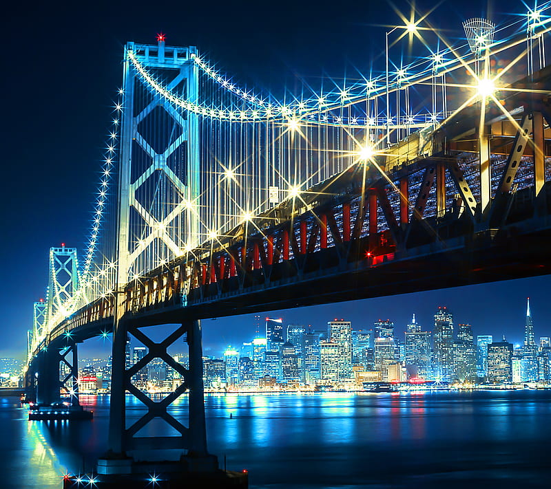 San Fransisco Bay, bridge, city, lights, neon, night, san fransisco, HD wallpaper