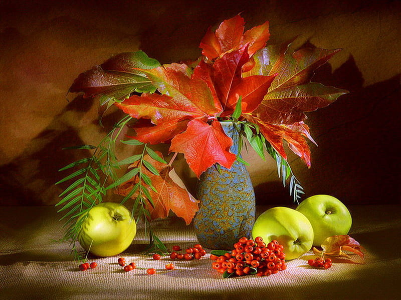 Autumn still life, red, pretty, fall, autumn, lovely, apples, vase, bonito, still life, green apples, leaves, nice, berries, season, harmony, HD wallpaper
