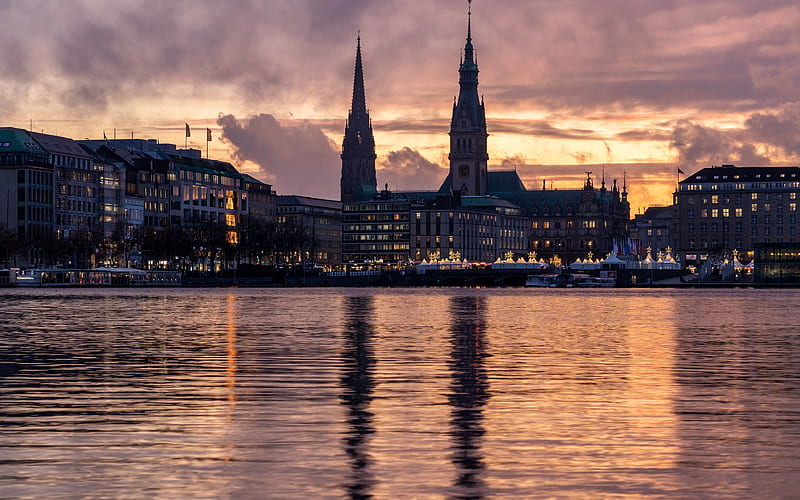 Hamburg german cities, Alster River, Europe, Germany, Hamburg at evening, HD wallpaper