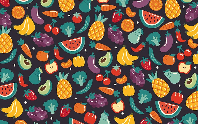 Pattern, carrot, black, grapes, watermelon, tomatoe, pineapple, orange, purple, vegetable, green, apple, fruit, texture, pepper, HD wallpaper