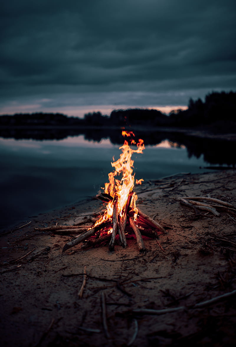 bonfire, flame, fire, coast, water, HD phone wallpaper