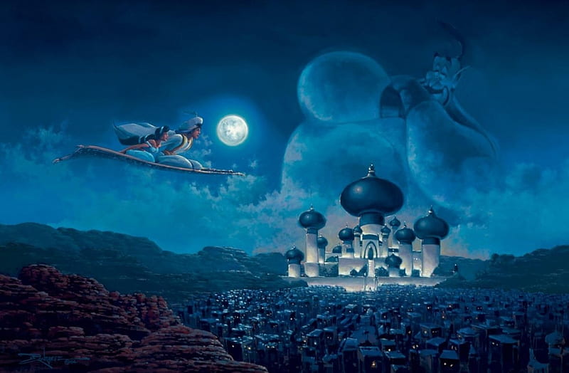 Flight over Agrabah, Disney, Aladdin, Genie, Painting, Rodel Gonz, Jasmine, HD wallpaper