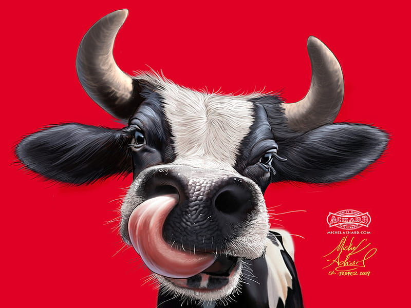 Hi Iz Ha Cowz, art, cow, black and white, tongue, horns, 3d, drawn, milk, funny, HD wallpaper