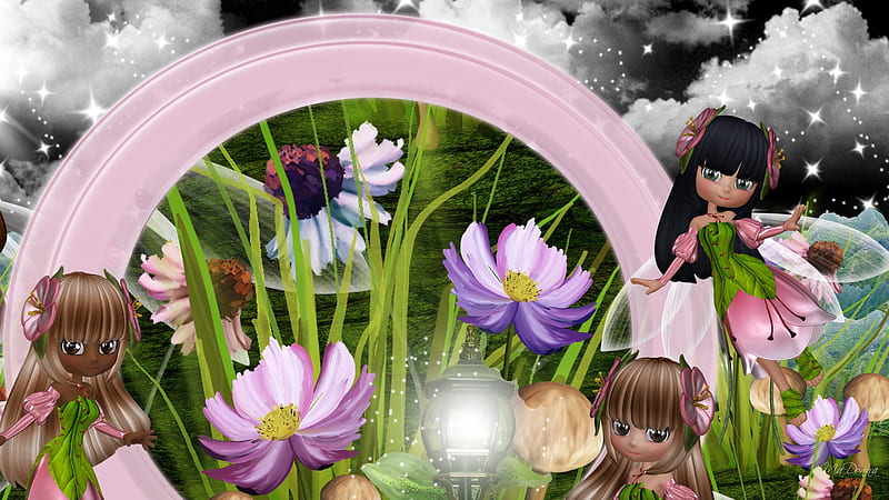 Fairy Garden II, pixie, grass, flowers, clouds, sky, fairy, light, HD wallpaper