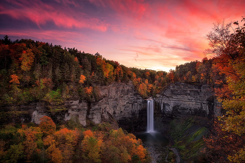Waterfalls, Waterfall, Cliff, Fall, Forest, Nature, Sunset, HD wallpaper