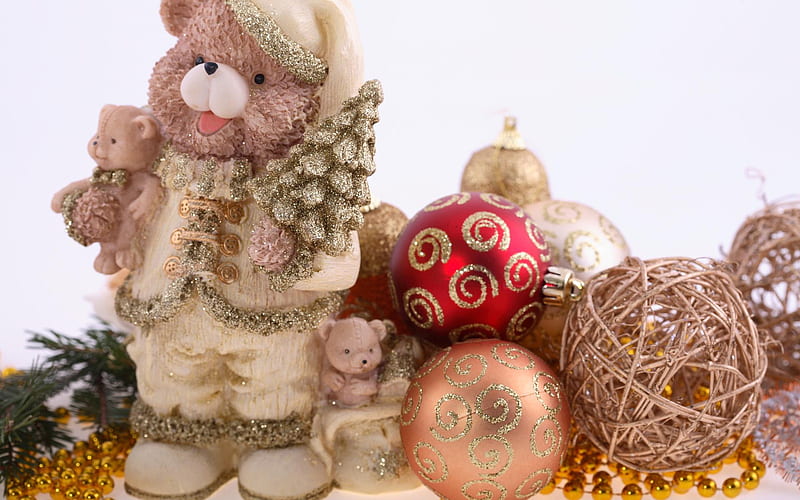 Xmas bears, ball, christmas, decoration, december, bear, HD wallpaper