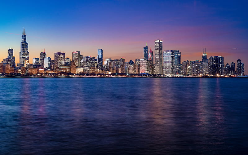 Chicago, cityscape, evening, skyscrapers, Lake Michigan, Illinois, USA, HD wallpaper