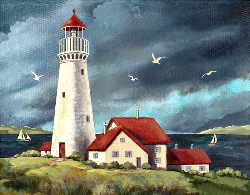Stormy Lighthouse F, architecture, art, bonito, storm, artwork, lighthouse, painting, wide screen, seascape, scenery, gulls, HD wallpaper