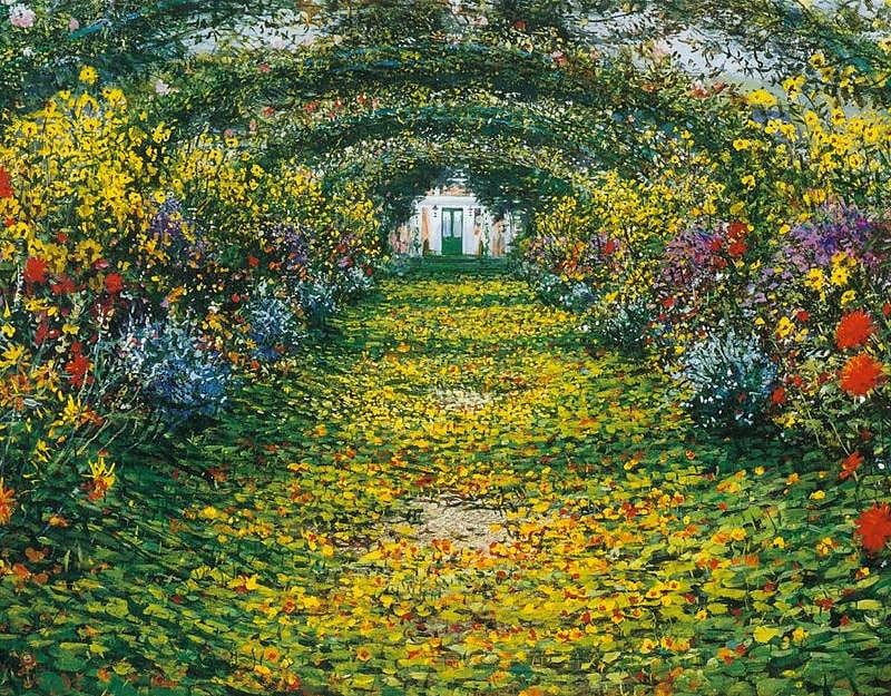 Monet's Garden Giverny, house, painting, flowers, vines, garden, monet, trellis, HD wallpaper