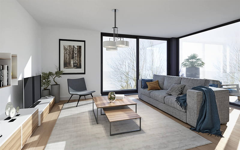 living room, stylish interior, modern interior design, white walls, stylish design, HD wallpaper