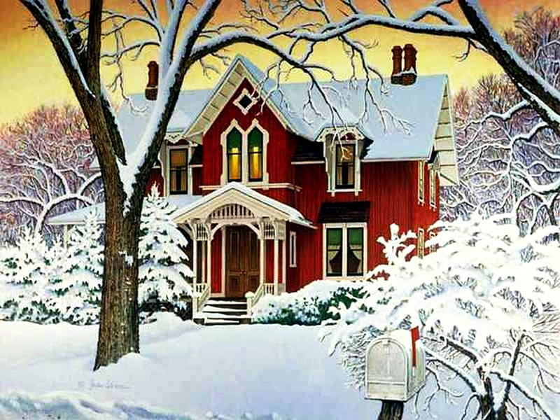 Countryside Winter, red, house, snow, painting, trees, artwork, winter ...