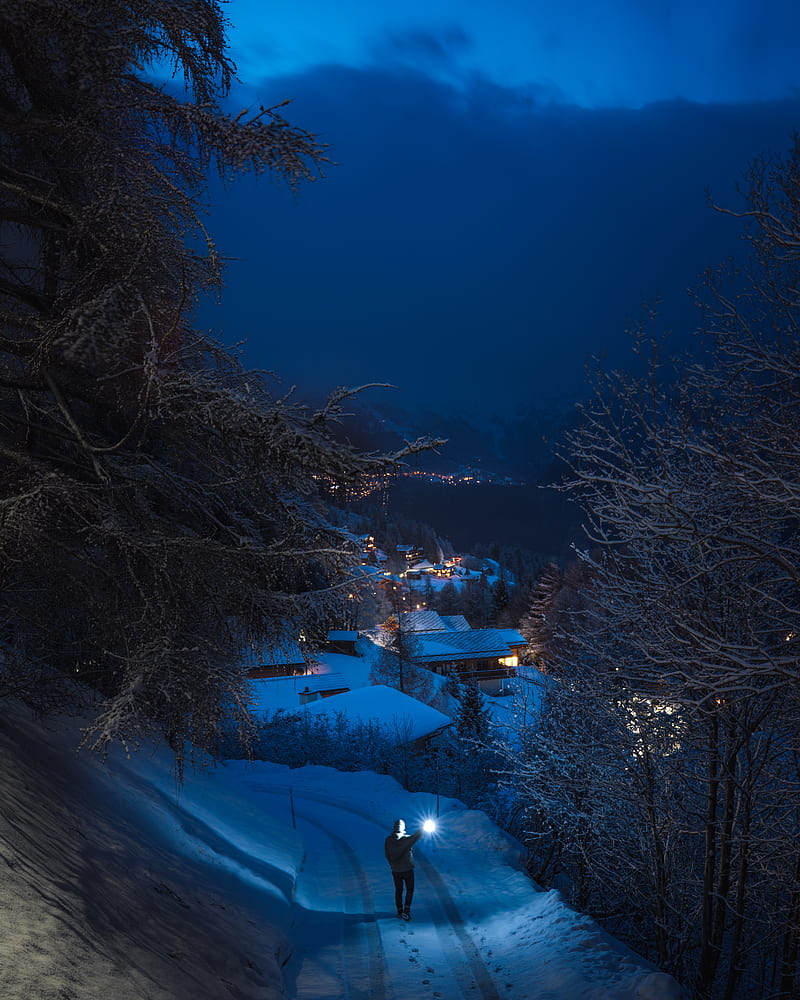 man, walk, winter, snow, evening, clouds, fog, HD phone wallpaper