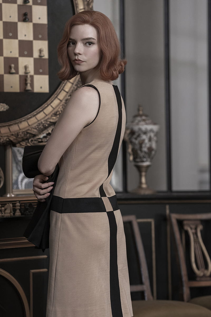Anya Taylor-Joy , chess, looking back, redhead, Netflix TV Series, women, screen shot, TV Series, standing, celebrity, Beth Harmon, closed mouth, actress, vertical, The Queen's Gambit, HD phone wallpaper