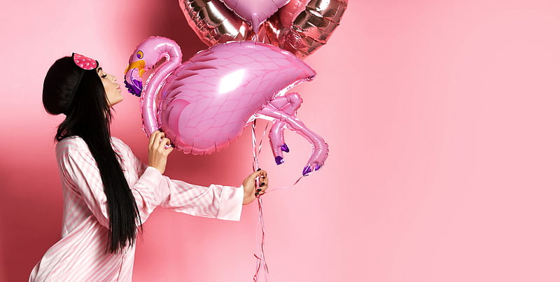 Women, Mood, Balloon, Flamingo, Pajamas, Profile, HD wallpaper