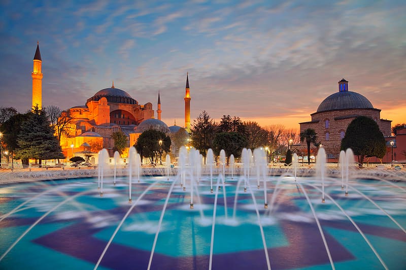 Fountain, Evening, Turkey, Istanbul, Minaret, , Hagia Sophia, HD wallpaper