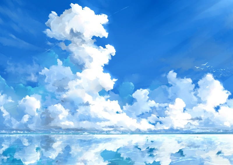 Like a dream, ocean, sky, clouds, lights, sea, fantasy, cool, water, anime, awesome, day, dream, landscape, HD wallpaper