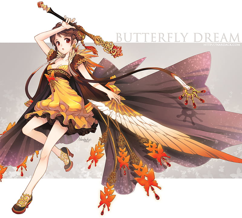 anime girl butterfly, pretty, staff, colorful, autumn, nardack, bonito, cute, butterfly, flowers, girls, magician, HD wallpaper