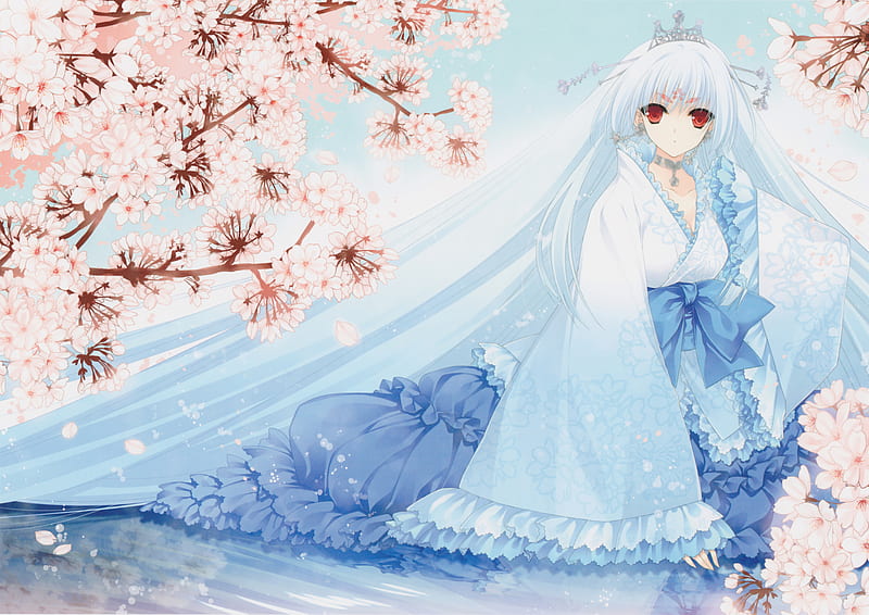 Sakura Princess, dress, sakura petals, bonito, sexy, cute, blue hair,  crown, HD wallpaper | Peakpx