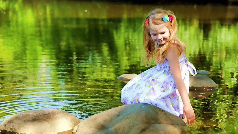 Beautiful Girl Child With Blonde Hair Is Playing Near Water Cute, HD wallpaper