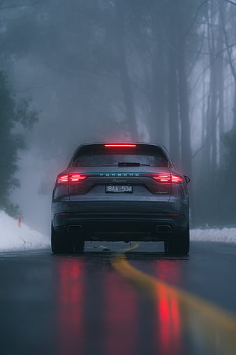 porsche cayenne, porsche, car, suv, gray, rear view, road, fog, HD phone wallpaper