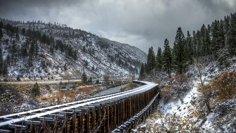 elevated train tracks in a river valley, elevated, mountains, river, road, tracks, winter, valley, HD wallpaper