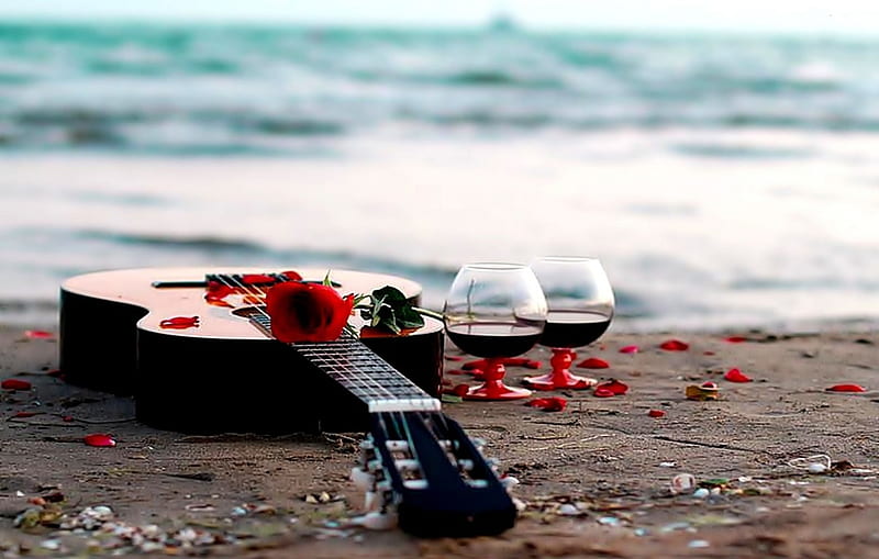 Romantic Place, beach, red wine, water, guitar, rose, glas, nature, sea, HD  wallpaper | Peakpx