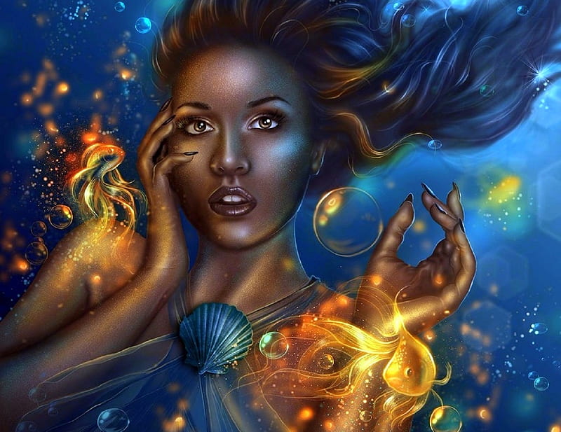 ~Fire Embrace~, underwater, fish, creative pre-made, digital art, woman, fire, fantasy, manipulation, weird things people wear, HD wallpaper
