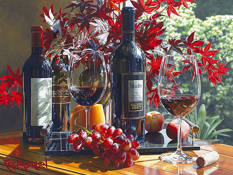 Elegant afternoon, red, pretty, fruits, home, bonito, elegant, still life, afternoon, leaves, painting, drink, bottles, art, lovely, window, view, apples, wine, grape, glass, HD wallpaper