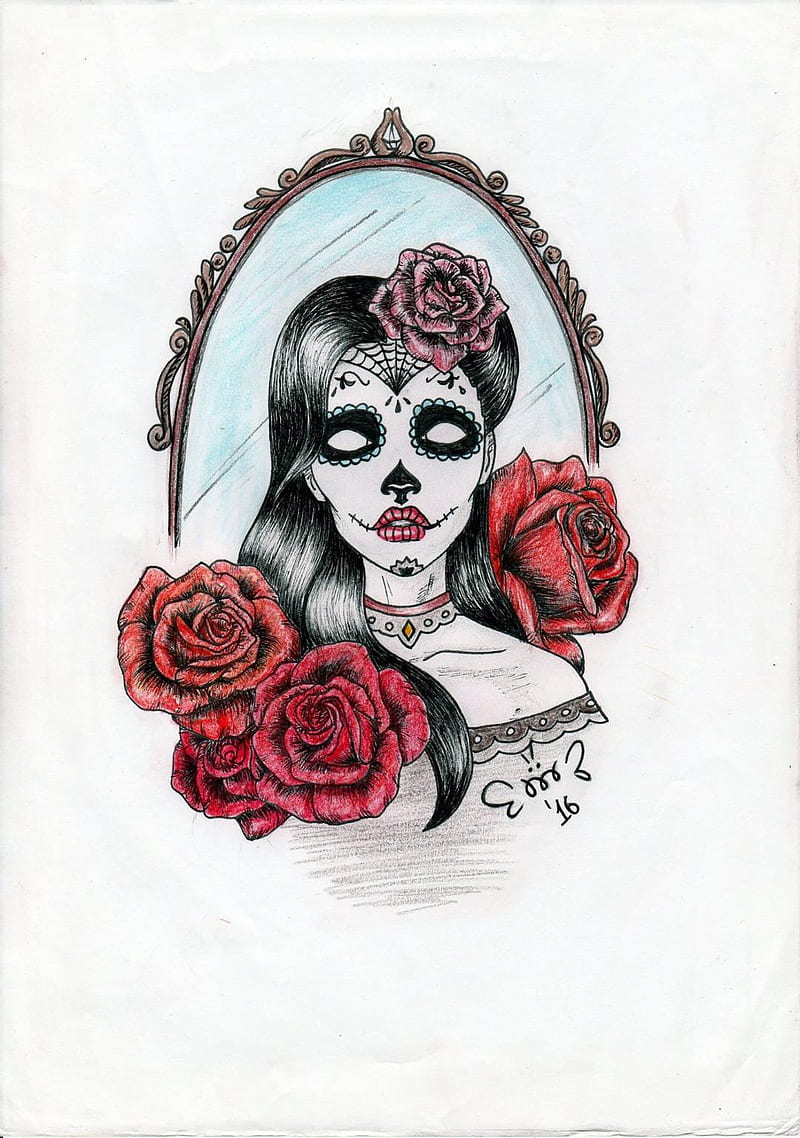 Muerta, art, day of the dead, dead, dia de los muertos, flowers, rose, sketch, skull, tattoo, traditional, HD phone wallpaper