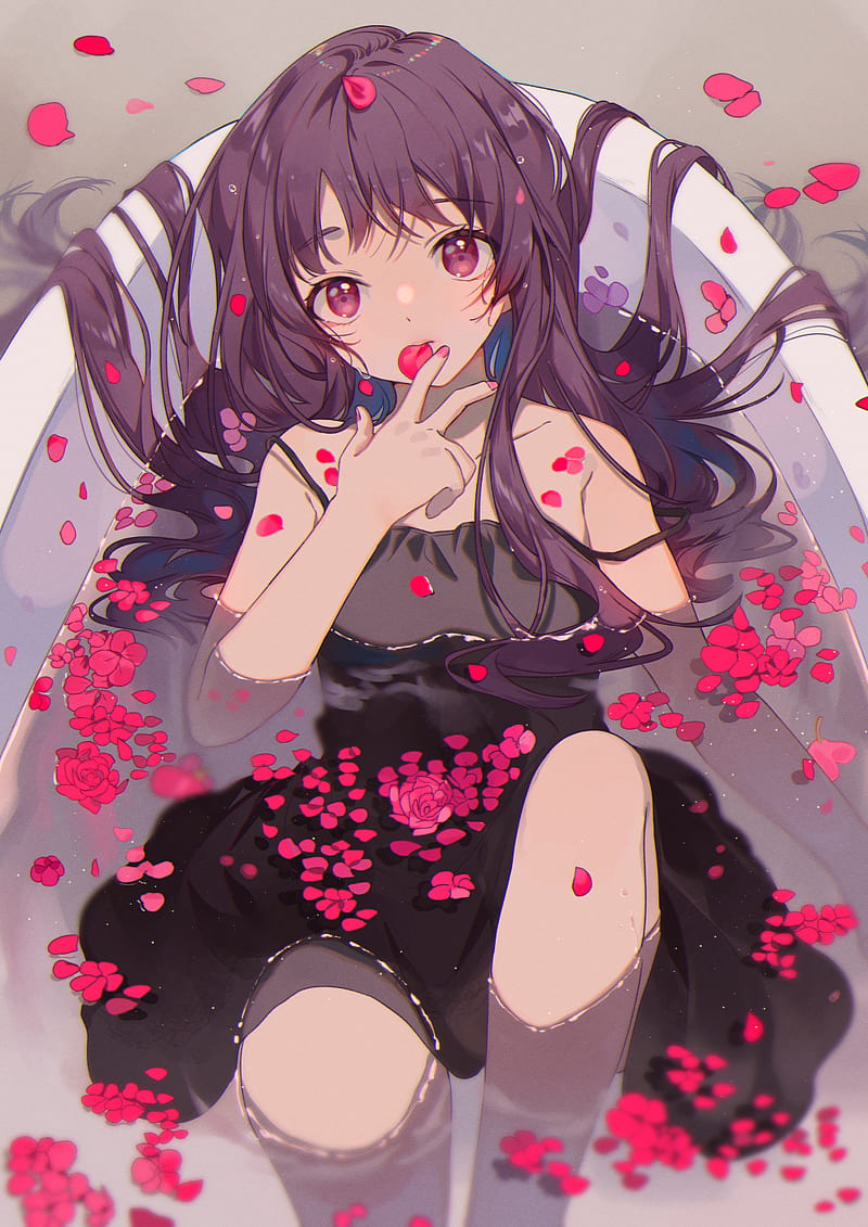 anime girls, anime, original characters, bathtub, Omutatsu, flowers, petals, HD phone wallpaper