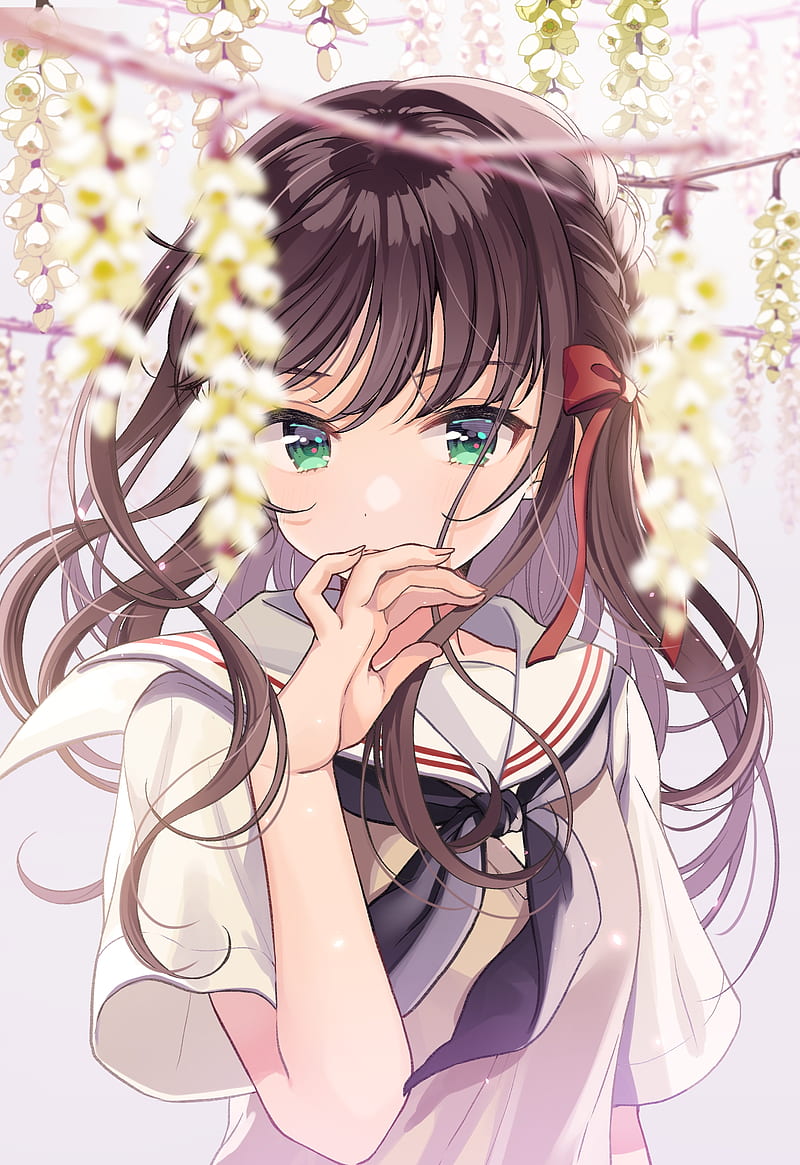Anime Girl, Flowers, Brown Hair, School Uniform, Green Eyes, Anime, Hd  Phone Wallpaper | Peakpx