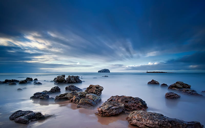 Stones sand sea beams sky-Nature scenery, HD wallpaper
