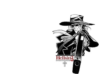 Hellsing, Alucard, anime, monochrome, weapon, black background