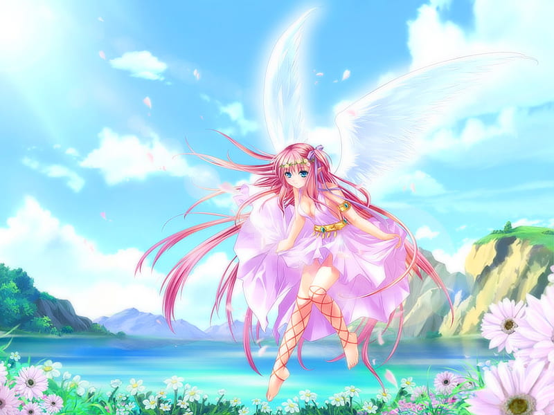 Elf of Angel, tail hair, rose head, cherry blossom, heaven, beauty, anime girl, female, wings, cloud, angel, ribbon, spring, sky, sexy, cute, fly, sunshine, pink dress, pink hair, HD wallpaper