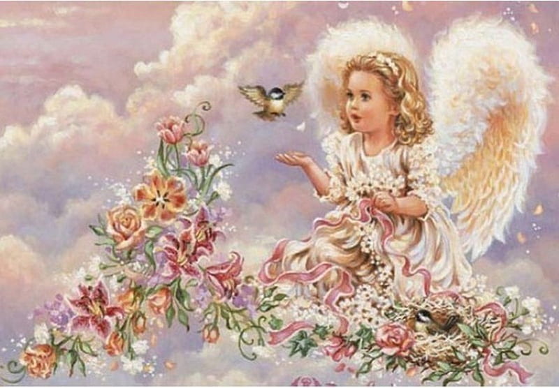 A LITTLE ANGEL, flowers, bird, clouds, angel, HD wallpaper