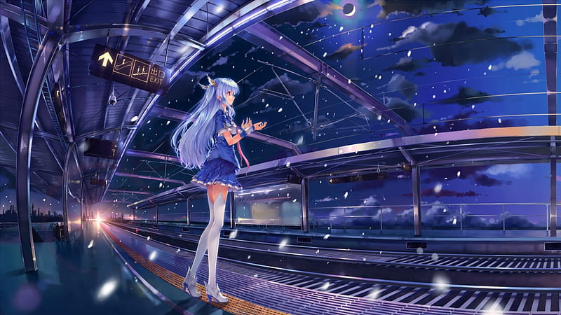 Waiting for the train, pretty, moon, train, girl, snow, anime, train station,  HD wallpaper | Peakpx