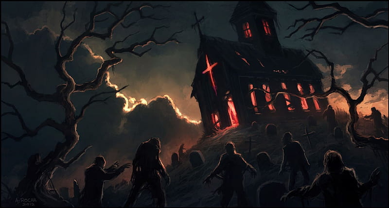 Night Of The Dead, zombies, fantasy, graves, church, night, HD wallpaper