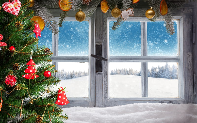 winter Christmas, Happy New Year, window, christmas decorations, xmas, snow, HD wallpaper