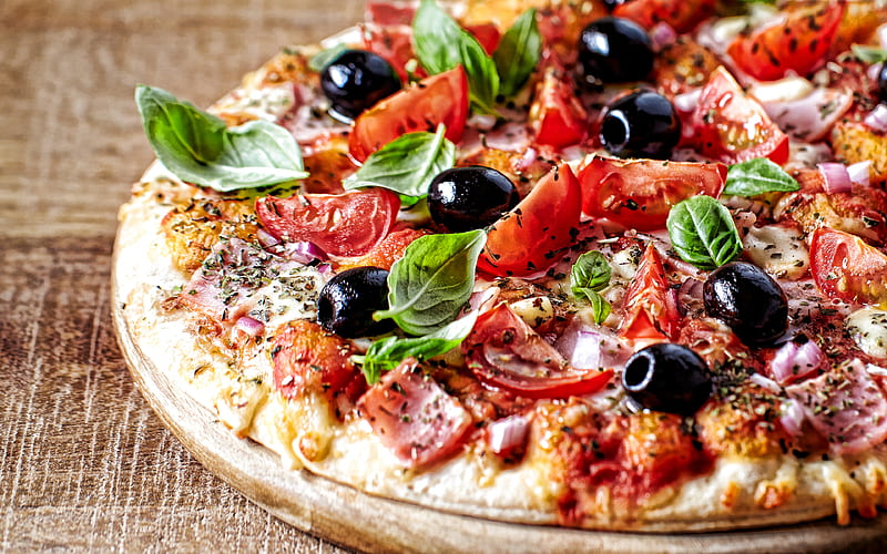 pizza, fast food, pizza with sausage and olives, delicious food, HD wallpaper