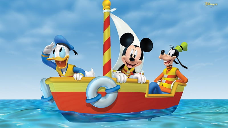 Mickey on the boat, red, boat, goofy, summer, donald duck, mickey mouse, blue, HD wallpaper