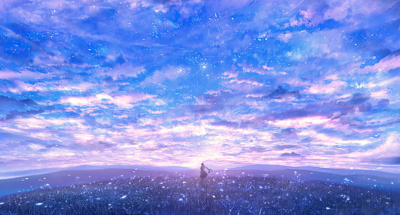 Girl In Lavender Field Alone Clouds , anime-girl, anime, artist, artwork, digital-art, lavender, HD wallpaper
