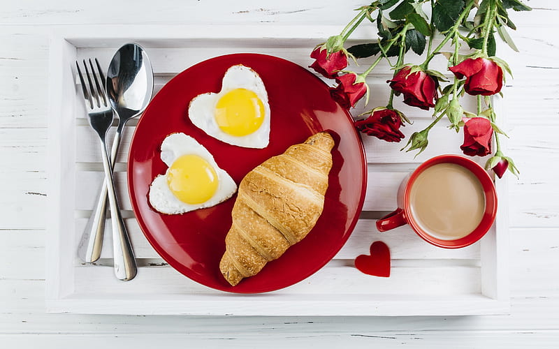 Good morning!, yellow, morning, valentine, white, red, rose, egg, coffee, heart, cup, flower, croissant, HD wallpaper