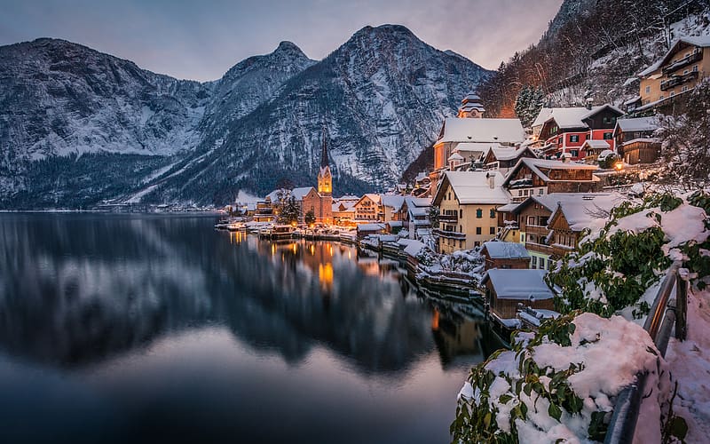 Winter, Mountain, Lake, Austria, Town, Hallstatt, , Towns, HD wallpaper