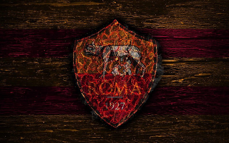 Roma FC fire logo, Serie A, football, grunge, Italian football club, soccer, logo, AS Roma, wooden texture, Rome, smoldering tree, Italy, FC Roma, HD wallpaper