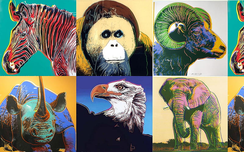 Warhol Animals, art, elephant, eagle, ram, orangutang, warhol, sixties, rhino, zebra, pop art, HD wallpaper